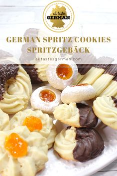 german spritz cookies on a white plate with text overlay