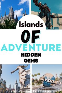 an advertisement with the words islands of adventure written on it and photos of different locations