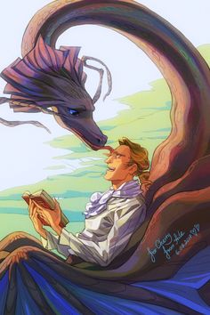 a man sitting on top of a dragon next to a book