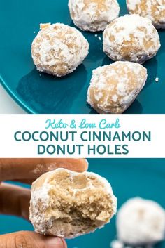 coconut cinnamon donut holes on a blue plate