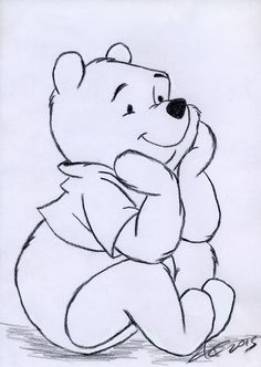 a black and white drawing of a teddy bear sitting on the ground with his arms crossed