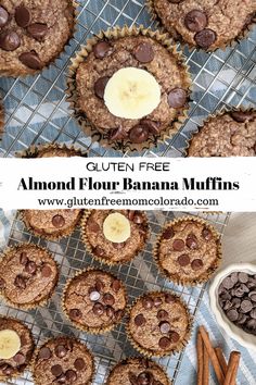 gluten free almond flour banana muffins on a cooling rack with chocolate chips