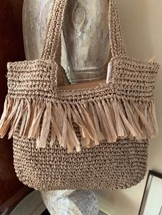 The bag can be closed with a zipper at the top, inside there is a small compartment on the side Trendy Shoulder Bag With Tassels, Trendy Rectangular Bag With Fringe, Trendy Fringe Shoulder Bag For Spring, Trendy Fringe Shoulder Bag For Shopping, Trendy Everyday Bag With Tassels, Trendy Bags With Tassels For Daily Use, Casual Brown Straw Bag With Tassels, Trendy Brown Hobo Bag With Fringe, Trendy Fringe Bags For Shopping