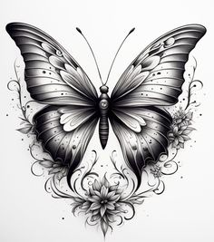 a black and white drawing of a butterfly with flowers on it's back side