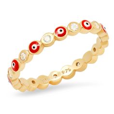 This gold vermeil evil eye ring with CZ accents knows how to make a statement. Featuring colorful enamel evil eye designs in red, pink, dark blue, light blue, white, green and multi-colored, stack them or wear them separately to best express your personal style. Gold vermeil with enamel and CZ accents Available in sizes 6, 7 & 8 7 colors to choose from Style No. SER-1 Orange Evil Eye, Evil Eye Ring Gold, Tai Jewelry, Eye Designs, Bohemian Rainbow, Evil Eye Design, Evil Eye Ring, Daily Jewelry, Bezel Ring