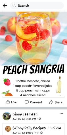 an advertisement for peach sangria with oranges and raspberries