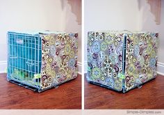 two dog crates sitting on top of a wooden floor