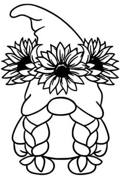 a black and white drawing of a gnome with flowers on his head