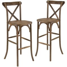 two wooden barstools with cross back chairs