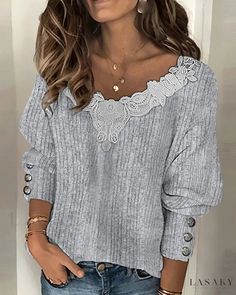 Lasaky - Lace-Accented Ribbed Top with Lantern Sleeves Cheap Sweaters Online, Office Wear Outfit, Casual Office Wear, Solid Sweaters, Lace Sweater, Casual Sweater, Sweaters Online, Ribbed Top, Pullover Sweater Women