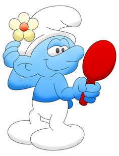 a cartoon character holding a ping pong racket in one hand and a flower in the other