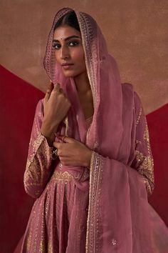 Lilac jacket anarkali featuring golden dori and aari hand embroidery. Paired with a pant and a sheer dupatta. - Aza Fashions Long Sleeve Lehenga With Intricate Embroidery For Eid, Anarkali Sharara With Intricate Embroidery And Long Sleeves, Anarkali Sharara With Intricate Embroidery, Embroidered Georgette Anarkali Set With Long Sleeves, Anarkali Long Sleeve Georgette Sharara, Long Sleeve Anarkali Set With Intricate Embroidery, Embroidered Long Sleeve Georgette Anarkali Set, Long Sleeve Lehenga With Dabka Work For Eid, Semi-stitched Long Sleeve Anarkali Set With Intricate Embroidery