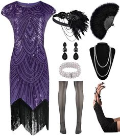 PRICES MAY VARY. Package Included- 1 x Sequin Dress, 1 x Rose Lace Fan, 1 x Feather Headband, 1 x Long Satin Gloves, 1 x Pearl Necklace, 1 x Vintage Earrings, 1 x Pearl Bracelet, 1 x Fishnet stockings.These complete and classic falpper accessories enhance the exquisite and fashionable sense of this 1920 fringe dress. The lace feather fan is the finishing touch of the perfect retro style, adding a touch of sparkle and glamour to the overall look. Material- The flapper dresses 1920s made of polyes Luxury 1920s Fitted Flapper Dress, 1920s Flapper Dress Purple, Vintage Beaded Fringe Flapper Dress For Party, Roaring 20s Accessories, Vintage Beaded Fringe Flapper Dress For Evening, Black Art Deco Flapper Dress With Sequins, Flapper Costume, Feather Headpiece, 1920s Flapper Dress