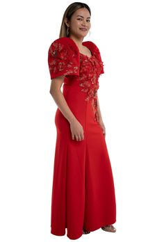 The Red Filipiniana Dress PROVIDE US BELOW ( Chest - Waist - Hips) in inches & Height - PERFECT FIT GUARANTEE Classic Details, 100% Authentic Fabric, Handcrafted by Filipino Barong Weavers, Super High Quality & Affordable This is the ultimate Filipiniana is named after Teresa. A black filipiniana with elegant flower and leave details.This is popular for weddings, parties and events. Any Filipina woman would love this Filipiniana dress and you can easily partner this style with any of our Festive Short Sleeve Gala Dress, Red Short Sleeve Wedding Dress, Fitted V-neck Holiday Gown, Festive Fitted V-neck Gown, Fitted V-neck Gown For Festive Occasions, Festive Short Sleeve Evening Dress For Gala, Festive Fitted V-neck Evening Dress, Red V-neck Gown For Evening, Red Festive Evening Gown