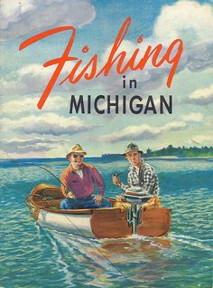 a book with two men in a boat on the cover, fishing in michigan by john w