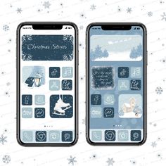 two iphones side by side with christmas scenes on the screen and snowflakes in the background