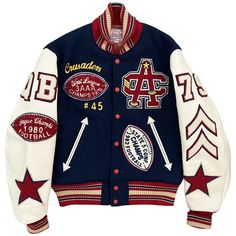 "Style Eyes Varsity Jacket Vintage wool varsity jacket. 30 oz Melton Wool body and real leather sleeves. High quality item. Luxury look and feel. Chenille patches and detailed embroidery. 1979-1982 Crusaders, West League AAA Champions. Size 38 / M. Pit to pit 21\". Length 24\"." Cheap Collegiate Baseball Jersey For Sports Season, Cheap Collegiate Men's Varsity Jacket, Cheap Men's Varsity Tops, Men's Cheap Varsity Sweatshirt, Avirex Leather Varsity Jacket 6xl, Luxury Varsity Outerwear With Button Closure, Cheap Tops With University Logo For Fans, Cheap Letter Print Outerwear For Game Day, Luxury Cotton Men's Varsity Jacket