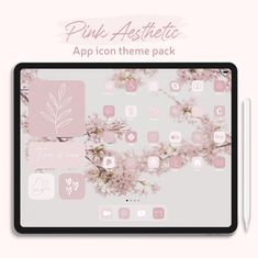 the pink aesthetic app icon theme pack is displayed on an ipad with its keyboard and mouse