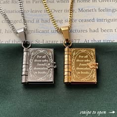 Book Lovers Necklace Engraved Openable Book Chain Pendant - Etsy Book Pendant, Book Necklace, Lovers Necklace, Magical Jewelry, Charm Necklaces, Fantasy Jewelry, Engraved Necklace, Dream Jewelry, Chain Pendant