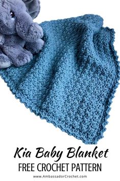 a blue crocheted blanket with an elephant on it and the words, kra baby blanket free crochet pattern