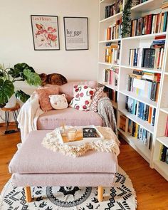 a living room filled with lots of books and furniture