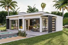 a rendering of a small house in the middle of a yard with palm trees around it