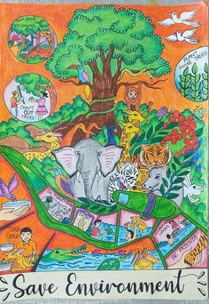 an image of save environment poster with animals and trees on it's back ground