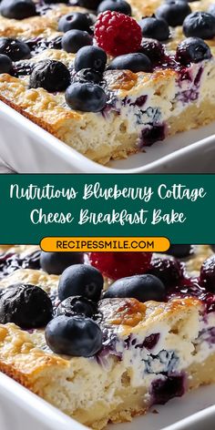 blueberry cottage cheese breakfast bake with berries on top and the title below it