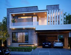 two cars are parked in front of a modern house at dusk with lights on the balconies