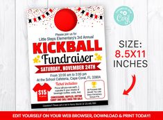 the kickball fundraiser flyer is displayed on a white wooden background with red and black confetti