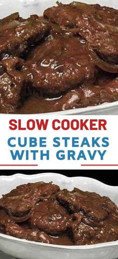 two pictures show how to make slow cooker cube steaks with gravy