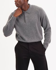 This luxurious cashmere rib trim sweater polo provides effortless sophistication. Boasting a classic polo collar, covered placket, and pullover style, this sweater is perfect for any occasion. Crafted from premium quality 100% cashmere, this sweater is sure to keep you warm and comfortable. Polo collar Covered placket Pullover style Inner beauty tipping Rib trim 100% cashmere Dry clean only About 27" from shoulder to hem Model measurements: 6' tall Model is wearing a size M Style: GM30198M Sweater Polo, Mens Cashmere, Stone Grey, Inner Beauty, Tall Model, Polo Collar, Heather Black, Exclusive Collection, Model Measurements