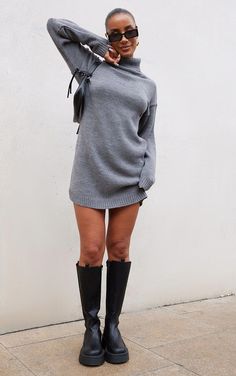 The Grey Basic Roll Neck Knit Jumper Dress. Head online and shop this season's range of knitwear at PrettyLittleThing. Express delivery available. Chunky Jumper Dress, Jumper Dress And Boots Outfit, Grey Jumper Dress Outfit, Jumper Dress And Boots, Grey Knit Dress Outfit, Grey Dress Outfit Winter, Winter Clubwear, Taurus Outfits, Grey Dress Outfit