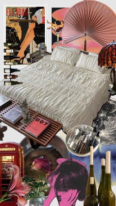 a collage of various items including a bed, lamp, and other things on display