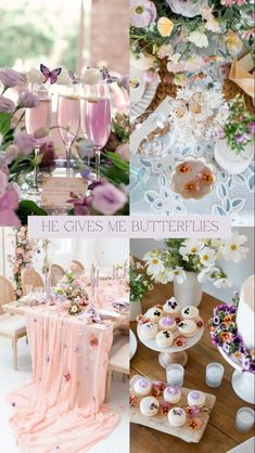 a collage of photos with flowers and desserts