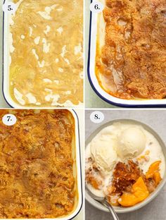 four pictures showing how to make an apple crisper cobbler recipe with ice cream