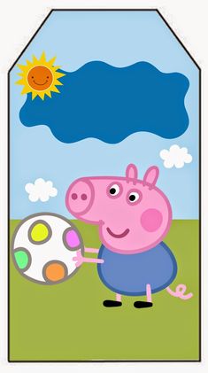 pep the pig holding a paintbrush in front of a blue sky with clouds and sun