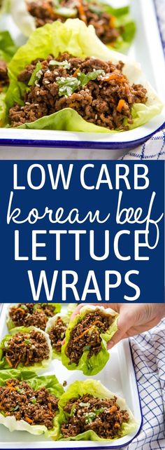 low carb korean beef lettuce wraps on a white plate with blue border