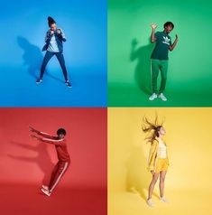 four different colored images of people in various poses, one with her arms up and the other holding an object