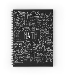 a notebook with the word math written on it and lots of calculations in white ink