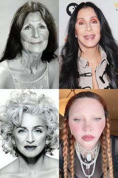 four different pictures of women with very long hair and no makeup, one is older than the other