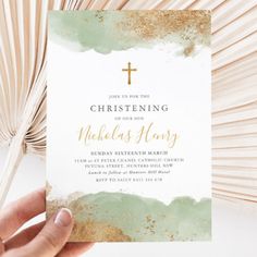 Sage Green Gold Cross Boys Baptism Christening for $3.08 - Baptism & Christening Invitations Sage Green Baptism Decor, Sage Watercolor, Baptism Themes, Boy Christening