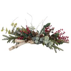 Véronneau creation. If you’re looking for a lush winter arrangement for your Christmas table, here’s one that won’t go unnoticed! It features eucalyptus, pine, branches and red berries. All resting on magnificent wooden branches for a rustic, natural look. Copper Ornaments, Winter Arrangements, Christmas Decorations Wreaths, Pine Branches, White Magnolia, Christmas Centerpiece, Red Ornaments, Wood Logs, Christmas Arrangements