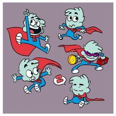 cartoon characters in different poses and expressions on a purple background, including one with a red cape