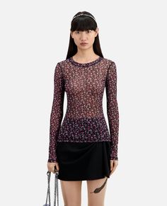 Printed t-shirt | The Kooples - US Summer Printed Crew Neck Mesh Top, Trendy Multicolor Sheer Tops, Spring Crew Neck Printed Mesh Top, Printed Crew Neck Mesh Top For Spring, Spring Printed Crew Neck Mesh Top, Spring Printed Mesh Top With Crew Neck, Casual Fitted Top With Sheer Sleeves, Multicolor Sheer Mesh Top, Sheer Multicolor Mesh Top