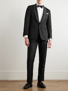 Rubinacci's tuxedo jacket is modelled after a style from the 1930s. Tailored from pure wool and fully lined in lustrous satin, it's framed with a grosgrain shawl collar and has covered buttons jacquard-woven with a checked pattern. Elegant Fitted Outerwear For Black-tie Events, Formal Long Sleeve Suit With Structured Boning, Timeless Long Sleeve Suits With Structured Boning, Evening Suits With Pressed Crease And Long Sleeves, Long Sleeve Evening Suits With Pressed Crease, Timeless Evening Suits With Long Sleeves, Timeless Long Sleeve Evening Suits, Tuxedo Suits With Structured Boning And Long Sleeves, Elegant Wool Three-piece Suit, Single Breasted