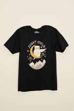 night owls t-shirt - 100% cotton - Kin Ship Goods Crew Neck Sleep Top With Graphic Print, Black Short Sleeve Sleep T-shirt, Graphic Print Sleep Tops With Crew Neck, Graphic Print Crew Neck Top For Sleep, Summer Graphic Print Sleep T-shirt, Black Cotton Sleep T-shirt, Cotton Sleep Tops With Graphic Print, Short Sleeve Sleep T-shirt With Graphic Print, Short Sleeve Graphic Print Sleep T-shirt