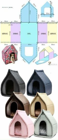 the dog house is made out of paper and has four different color options to choose from