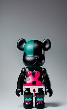 a black and pink bear is standing on a gray background with its head turned to the side