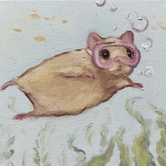 a painting of a mouse wearing goggles and swimming in the water with bubbles around it